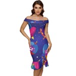 Cartoon Funny Aliens With Ufo Duck Starry Sky Set Off Shoulder Ruffle Split Hem Bodycon Dress