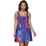 Cartoon Funny Aliens With Ufo Duck Starry Sky Set Ruffle Strap Babydoll Chiffon Dress
