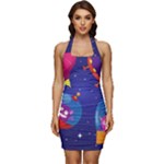 Cartoon Funny Aliens With Ufo Duck Starry Sky Set Sleeveless Wide Square Neckline Ruched Bodycon Dress