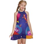 Cartoon Funny Aliens With Ufo Duck Starry Sky Set Kids  Halter Collar Waist Tie Chiffon Dress