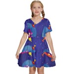 Cartoon Funny Aliens With Ufo Duck Starry Sky Set Kids  Short Sleeve Tiered Mini Dress