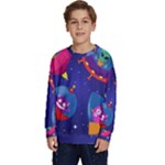 Cartoon Funny Aliens With Ufo Duck Starry Sky Set Kids  Crewneck Sweatshirt