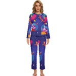Cartoon Funny Aliens With Ufo Duck Starry Sky Set Womens  Long Sleeve Lightweight Pajamas Set