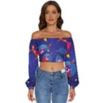 Cartoon Funny Aliens With Ufo Duck Starry Sky Set Long Sleeve Crinkled Weave Crop Top