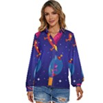 Cartoon Funny Aliens With Ufo Duck Starry Sky Set Women s Long Sleeve Button Up Shirt