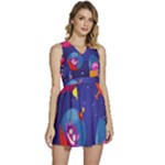 Cartoon Funny Aliens With Ufo Duck Starry Sky Set Sleeveless High Waist Mini Dress