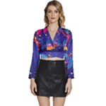 Cartoon Funny Aliens With Ufo Duck Starry Sky Set Long Sleeve Tie Back Satin Wrap Top