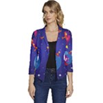 Cartoon Funny Aliens With Ufo Duck Starry Sky Set Women s Casual 3/4 Sleeve Spring Jacket
