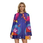 Cartoon Funny Aliens With Ufo Duck Starry Sky Set Round Neck Long Sleeve Bohemian Style Chiffon Mini Dress