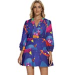 Cartoon Funny Aliens With Ufo Duck Starry Sky Set V-Neck Placket Mini Dress
