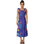Cartoon Funny Aliens With Ufo Duck Starry Sky Set Tie-Strap Tiered Midi Chiffon Dress