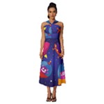 Cartoon Funny Aliens With Ufo Duck Starry Sky Set Sleeveless Cross Front Cocktail Midi Chiffon Dress