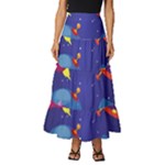 Cartoon Funny Aliens With Ufo Duck Starry Sky Set Tiered Ruffle Maxi Skirt