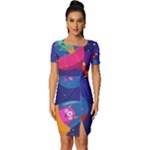 Cartoon Funny Aliens With Ufo Duck Starry Sky Set Fitted Knot Split End Bodycon Dress