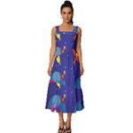Cartoon Funny Aliens With Ufo Duck Starry Sky Set Square Neckline Tiered Midi Dress