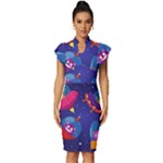 Cartoon Funny Aliens With Ufo Duck Starry Sky Set Vintage Frill Sleeve V-Neck Bodycon Dress