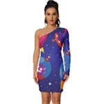 Cartoon Funny Aliens With Ufo Duck Starry Sky Set Long Sleeve One Shoulder Mini Dress