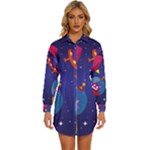 Cartoon Funny Aliens With Ufo Duck Starry Sky Set Womens Long Sleeve Shirt Dress