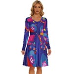 Cartoon Funny Aliens With Ufo Duck Starry Sky Set Long Sleeve Dress With Pocket