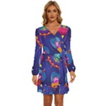 Cartoon Funny Aliens With Ufo Duck Starry Sky Set Long Sleeve Waist Tie Ruffle Velvet Dress