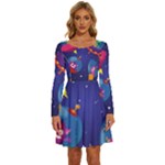 Cartoon Funny Aliens With Ufo Duck Starry Sky Set Long Sleeve Wide Neck Velvet Dress