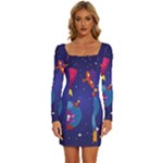 Cartoon Funny Aliens With Ufo Duck Starry Sky Set Long Sleeve Square Neck Bodycon Velvet Dress