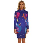 Cartoon Funny Aliens With Ufo Duck Starry Sky Set Long Sleeve Shirt Collar Bodycon Dress