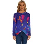Cartoon Funny Aliens With Ufo Duck Starry Sky Set Long Sleeve Crew Neck Pullover Top