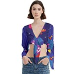 Cartoon Funny Aliens With Ufo Duck Starry Sky Set Trumpet Sleeve Cropped Top