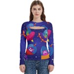 Cartoon Funny Aliens With Ufo Duck Starry Sky Set Women s Cut Out Long Sleeve T-Shirt