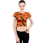 Halloween Card With Bats Flying Pattern Crew Neck Crop Top