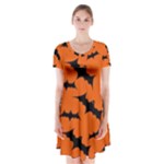 Halloween Card With Bats Flying Pattern Short Sleeve V-neck Flare Dress