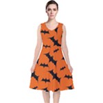 Halloween Card With Bats Flying Pattern V-Neck Midi Sleeveless Dress 