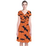 Halloween Card With Bats Flying Pattern Short Sleeve Front Wrap Dress