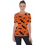 Halloween Card With Bats Flying Pattern Shoulder Cut Out Short Sleeve Top