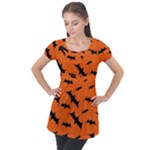 Halloween Card With Bats Flying Pattern Puff Sleeve Tunic Top