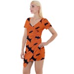 Halloween Card With Bats Flying Pattern Short Sleeve Asymmetric Mini Dress