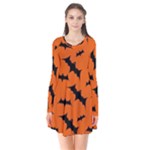 Halloween Card With Bats Flying Pattern Long Sleeve V-neck Flare Dress