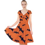 Halloween Card With Bats Flying Pattern Cap Sleeve Front Wrap Midi Dress