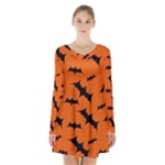 Halloween Card With Bats Flying Pattern Long Sleeve Velvet V-neck Dress