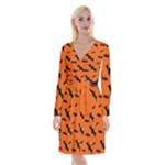 Halloween Card With Bats Flying Pattern Long Sleeve Velvet Front Wrap Dress