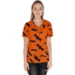 Halloween Card With Bats Flying Pattern Women s V-Neck Scrub Top