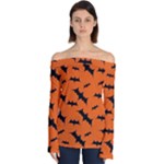 Halloween Card With Bats Flying Pattern Off Shoulder Long Sleeve Top