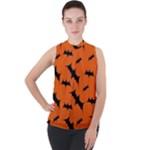 Halloween Card With Bats Flying Pattern Mock Neck Chiffon Sleeveless Top