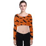 Halloween Card With Bats Flying Pattern Velvet Long Sleeve Crop Top