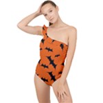 Halloween Card With Bats Flying Pattern Frilly One Shoulder Swimsuit