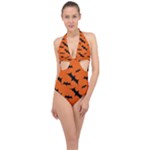 Halloween Card With Bats Flying Pattern Halter Front Plunge Swimsuit
