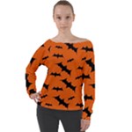 Halloween Card With Bats Flying Pattern Off Shoulder Long Sleeve Velour Top