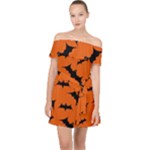 Halloween Card With Bats Flying Pattern Off Shoulder Chiffon Dress