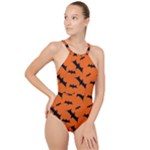 Halloween Card With Bats Flying Pattern High Neck One Piece Swimsuit